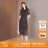 鹿王連衣裙女士桑蠶絲圓領(lǐng)星星飄帶中長(cháng)款裙子夏季透氣修身淑女風(fēng)長(cháng)裙 黑咖 XL 175/92A