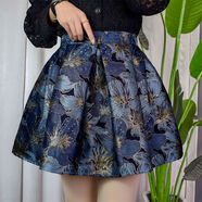 春夏新款提花半身裙女韓版百搭高腰百褶裙覆古花色顯瘦A字蓬蓬裙 深藍色 S S