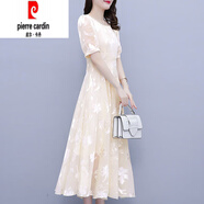 皮爾卡丹（pierre cardin）優(yōu)雅氣質(zhì)雪紡短袖連衣裙仙氣超仙森系2025夏季新款女裝收腰大擺裙 杏色 4XL
