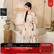 三彩【春水煎茶】2025夏季新款新中式連衣裙V領(lǐng)高腰A字裙長(cháng)裙C 燕麥色花卉 XL 170/92A