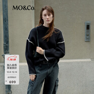 MO&Co.毛衣美麗諾綿羊毛黑白撞色勾邊坑條紋寬松落肩針織衫 黑色-第2批 S