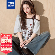 唐獅2025夏女撞色斜肩蝴蝶結露肩綁帶印花短袖T恤