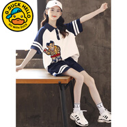G.duck小黃鴨女童短袖套裝夏季款韓版運動(dòng)服兒童裝中大童女孩休閑兩件套 藏青色 130 cm(130cm)