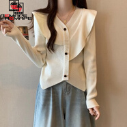 AEMAPE荷葉邊長(cháng)袖針織衫女上衣2025春秋冬顯瘦設計感紅色毛衣女本命年 杏色 L _建議100斤-115斤