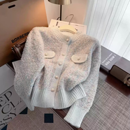 以純（YISHion）法式小香風(fēng)毛衣外套女2025新款秋冬加厚感超好看針織開(kāi)衫上衣 淺藍色版 XL 建議115-130斤