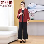 俞兆林媽媽外套春裝國風(fēng)中年女裝民族風(fēng)2025年新款媽媽裝50-60歲洋氣女 紅色上衣+黑色背心+褲 5XL [145-160斤]