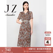 玖姿·安娜蔻【草目系列】印花圍裹式收腰雪紡連衣裙女春款 花棕色 2XL