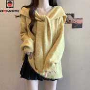AEMAPE假兩件披肩海軍領(lǐng)黃色正肩毛衣女2025秋冬胖mm中長(cháng)款套頭針織衫女 黃色 L 建議105-115斤