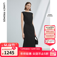 朗姿法式一字肩收腰抽褶設計感氣質(zhì)長(cháng)裙夏裝新款女禮服連衣裙 黑色 2XL