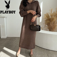 花花公子2025秋冬 韓國chic針織連衣裙大翻領(lǐng)休閑 加厚過(guò)膝毛衣長(cháng)裙 咖色 均碼