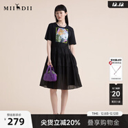 謎底2022夏季新款時(shí)髦通勤舒適拼接收腰圓領(lǐng)短袖連衣裙222ML0617 黑色 S