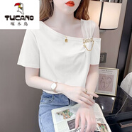 啄木鳥(niǎo)（TUCANO）大碼胖mm200斤設計感網(wǎng)紗拼接斜領(lǐng)露肩短袖t恤女寬松顯瘦夏季上衣 白色【版】 M 建議95-105斤