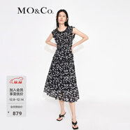 MO&Co.荷葉邊花邊打攬收腰碎花無(wú)袖園藝風(fēng)連衣裙氣質(zhì)露背裙子摩安珂 黑底彩花色-第1批 M 165