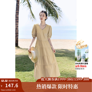 茵曼（INMAN）純棉法式氣質(zhì)連衣裙女裝2025夏季新品顯瘦V領(lǐng)泡泡袖A字長(cháng)裙子 卡其色 M