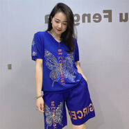 重工燙鉆女裝針織衫顯瘦短袖V領(lǐng)休閑套裝女夏胖mm五分中褲兩件套 藍色(bule) 均碼