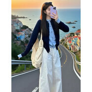 藏青色假兩件設計感長(cháng)袖針織開(kāi)衫外套女2025新款秋季流行穿搭上衣 藏青色假兩件高質(zhì)量款 S S建議40-50公斤