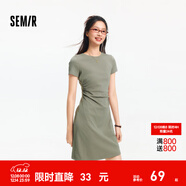 森馬（Semir）連衣裙女收腰T恤裙小心機夏季2025新款繡花圓領(lǐng)短裙簡(jiǎn)約休閑 橄欖綠A41805 M