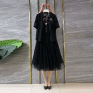 加大碼女裝拼接蕾絲短袖西服外套網(wǎng)紗打底裙胖妹妹通勤顯瘦兩件套 黑色兩件套 3XL 3XL建議120-150斤