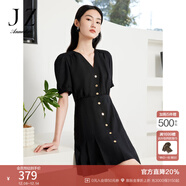 玖姿·安娜蔻洋氣小香風(fēng)V領(lǐng)收腰百褶紫色中長(cháng)款連衣裙夏款 素黑 M