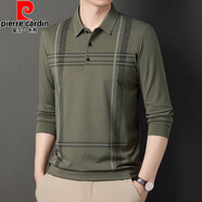 皮爾卡丹（pierre cardin）春裝條紋印花爸爸長(cháng)袖T恤男全棉翻領(lǐng)大碼上衣中年男純棉打底衫 838綠色 L 170/110(120-140斤)