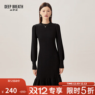 深呼吸DEEP BREATH女裝高腰燈籠袖羊毛針織魚(yú)尾小黑裙連衣裙A500219 黑 S (2碼)