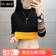 NY-RCE半高領(lǐng)加絨毛衣打底衫女新款秋冬女士加厚保暖修身內搭針織衫 黑色(彩色袖)  加絨 M