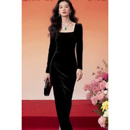 小紅書(shū)爆款明星同款秋季上新修身顯瘦氣質(zhì)高級感方領(lǐng)主持人禮服黑 黑色長(cháng)款 L116~125斤左右 均碼