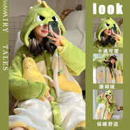 淺物睡衣女秋冬季可愛(ài)卡通珊瑚絨新款加厚毛絨睡袍裙連體家居服外穿男 恐龍讓梨睡袍+褲子 S 建議體重80-100斤