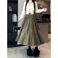 映棠配毛衣金絲絨百褶半身裙女松緊腰a字中長(cháng)裙寬松大擺傘裙秋冬 軍綠色 S S