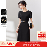 尚都比拉設計感拼接連衣裙夏季高級感氣質(zhì)百褶裙小個(gè)子中長(cháng)裙子 雅黑色 S