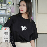 MO&Co.愛(ài)心印花圓領(lǐng)短袖寬松純棉T恤美式復古上衣上裝基礎黑白灰 黑色 M