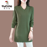 啄木鳥(niǎo)（TUCANO）大碼中長(cháng)毛衣女寬松V領(lǐng)新款直筒顯瘦純色上衣打底針織衫200斤可穿 豆綠色 S 90斤以下