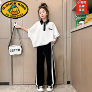 G.duck女童短袖t恤套裝夏裝女大童新款初中生polo衫兒童牛仔褲女孩夏季 蝙蝠衫套裝 150 適合140-150cm年齡11-12歲