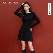 西遇（Westlink）西遇長(cháng)袖針織連衣裙女秋季新款復古圓領(lǐng)麻花收腰顯瘦長(cháng)裙 黑磨色 M