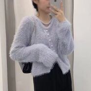 依樂(lè )琦仿水貂絨V領(lǐng)短款打底衫女修身針織毛衣 淺藍色 S