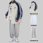 邊七三件套裝春秋季開(kāi)衫夾克男韓版潮流休閑棒球服ins寬松痞帥外套 三件套D28米白+圓領(lǐng)白色長(cháng)T+灰色 L