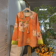 胖MM拼色挽袖盤(pán)扣花朵新中式小衫加肥大碼女裝韓版設計感百搭上衣 橘色 5XL 5XL建議170-190斤