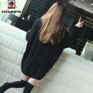 AEMAPE針織衫女2025春秋冬新款 韓版毛衣女中長(cháng)款寬松圓領(lǐng)粗棒 黑色_粗棒針70CM 加厚 M _建議80-100斤