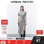 UR2025春季新款女裝簡(jiǎn)約褶皺開(kāi)衩修身短袖連衣裙UWM750014 淺灰花灰 S