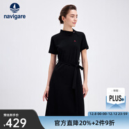 Navigare意大利小帆船女士連衣裙25夏季休閑百搭裙子不對稱(chēng)翻領(lǐng)通勤中長(cháng)裙 暗夜黑 M
