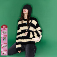 CHUU【陳姝君同款】羊毛條紋針織衫女2025冬新品韓范高妹毛絨寬松毛衣 黑白條紋 均碼