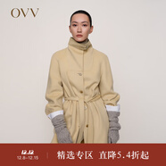 OVV秋冬熱賣(mài)女裝領(lǐng)口拼小羊皮設計配腰帶單排扣長(cháng)款大衣 燕麥（凈色）C2 XS