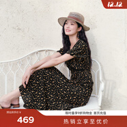 伊芙麗（eifini）蔣欣代言花邊嵌邊裝飾A擺肌理底布碎花連衣裙女2025新款裙子 黑色現貨 L 115-130斤