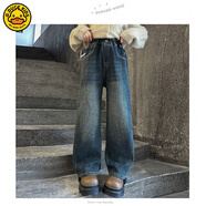 G.duck女童直筒加絨牛仔褲2025秋冬款中大童百搭牛仔褲歐美兒童加厚褲子 藍灰色(春秋款) 120 cm