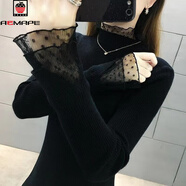 AEMAPE加絨厚加厚毛衣女外穿秋冬新款修身針織洋氣內搭上衣蕾絲打底衫 波點(diǎn)花邊黑色 L 105-115斤