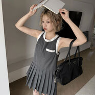 Y2NG通勤學(xué)院風(fēng)百褶無(wú)袖背心裙LOGO刺繡直身洋裝女 灰色 S S