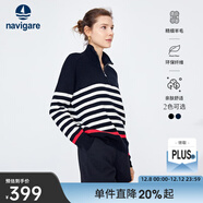 Navigare意大利小帆船女士長(cháng)袖針織衫秋冬款舒適半開(kāi)領(lǐng)上衣翻領(lǐng)條紋毛衣女 暗夜黑/白 L 碼