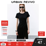 UR2025春季新款女裝簡(jiǎn)約褶皺開(kāi)衩修身短袖連衣裙UWM750014 黑色 XS