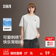森馬（Semir）迪士尼短袖t恤女中長(cháng)款寬松圓領(lǐng)上衣25夏新款涼感重磅刺繡打底衫 淺花灰00236 XS