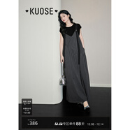 闊色（kuose）條紋格雷系穿搭背帶褲休閑褲女春夏季新款顯瘦吊帶連體褲裙 黑灰色 L